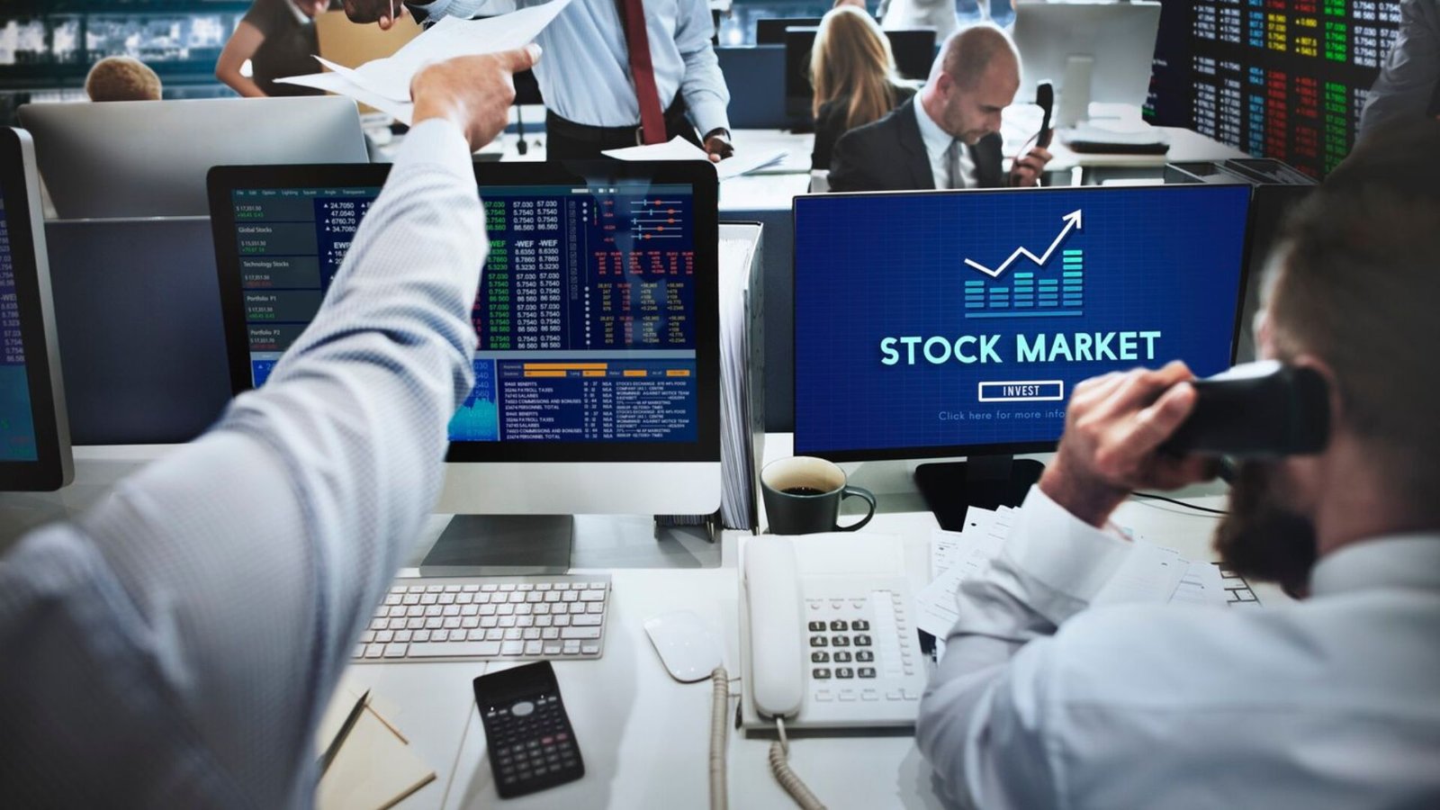Stock Market Office with people receiving phone calls